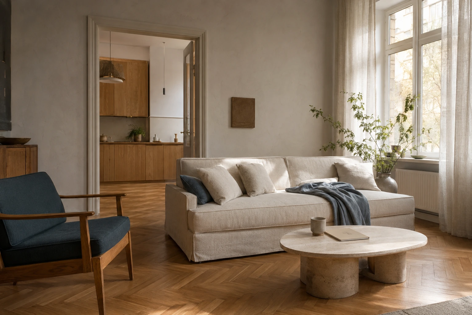 Jasny salon apartamentu z lnianą sofą, drewnianym fotelem, kamiennym stolikiem i dużym oknem.