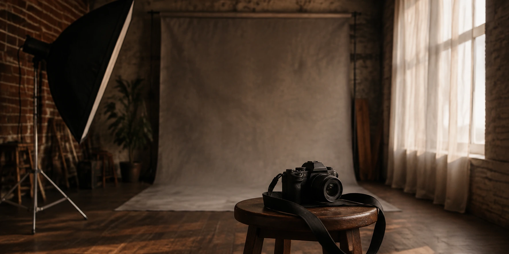Czarny aparat na drewnianym stołku w pracowni z miękkim światłem, tłem fotograficznym i softboksem.