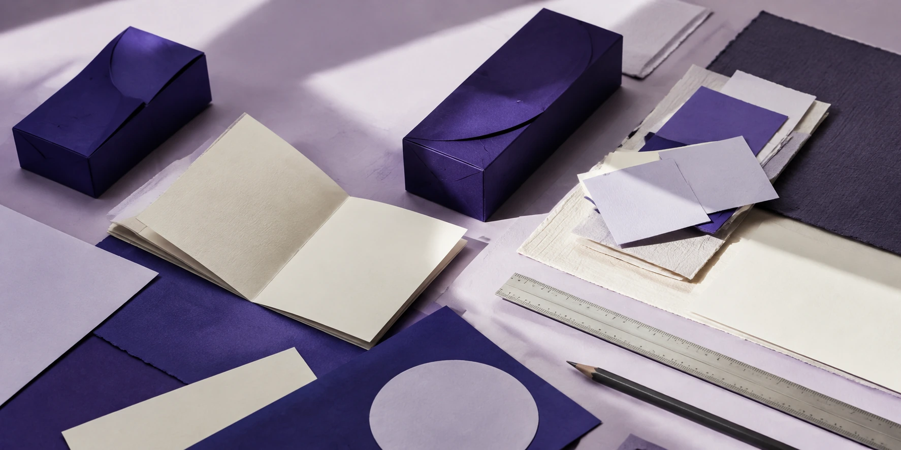 Indygowe opakowania, próbki papieru i otwarty notes na lawendowym stole projektanta.