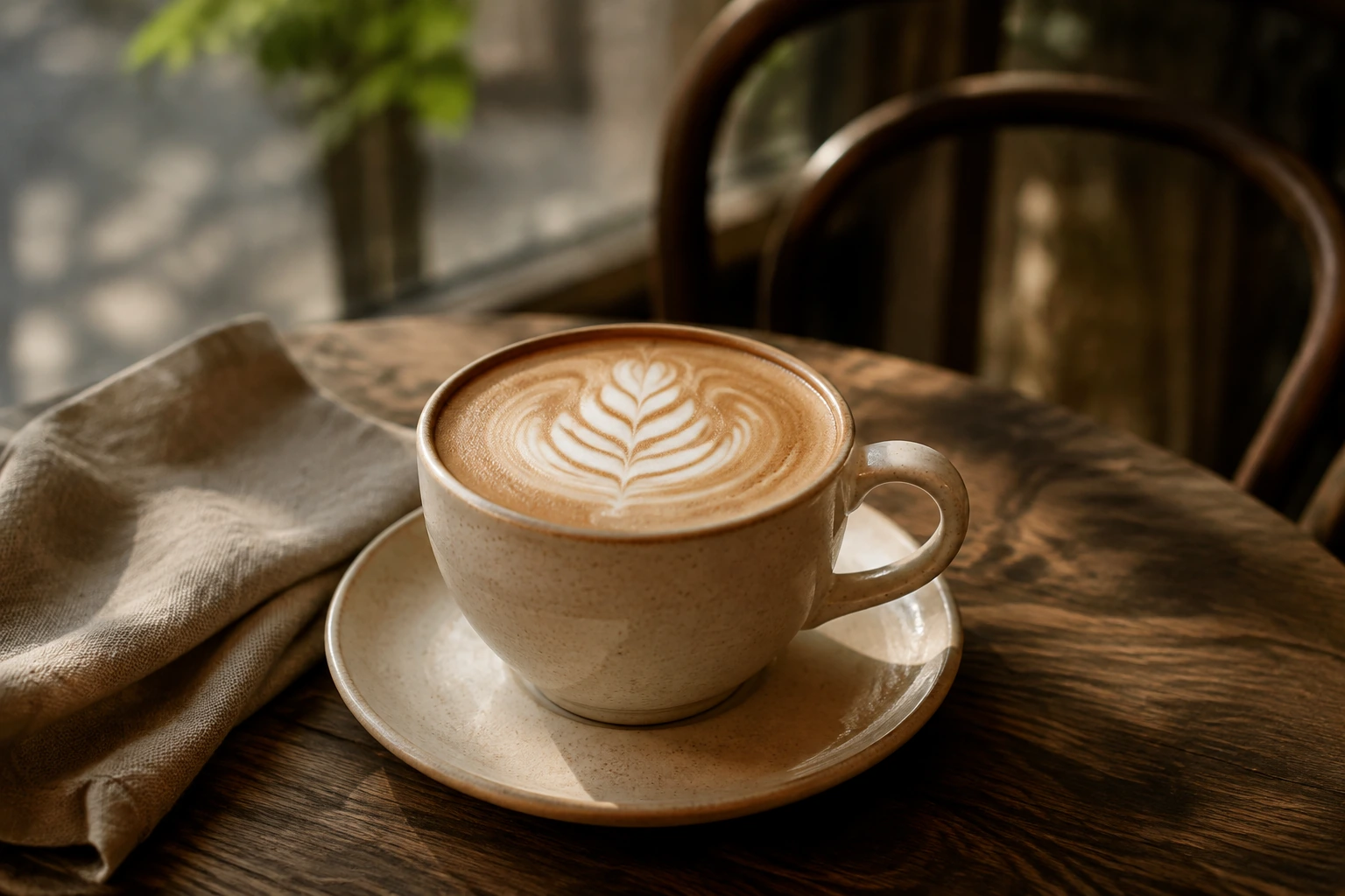 Filiżanka cappuccino na drewnianym stoliku przy oknie kawiarni.
