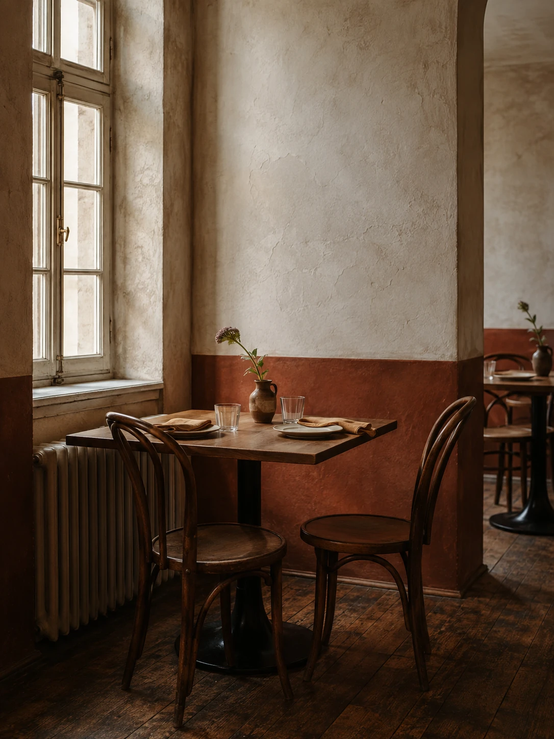Kameralny stolik restauracyjny przy wysokim oknie w ciepłym świetle.