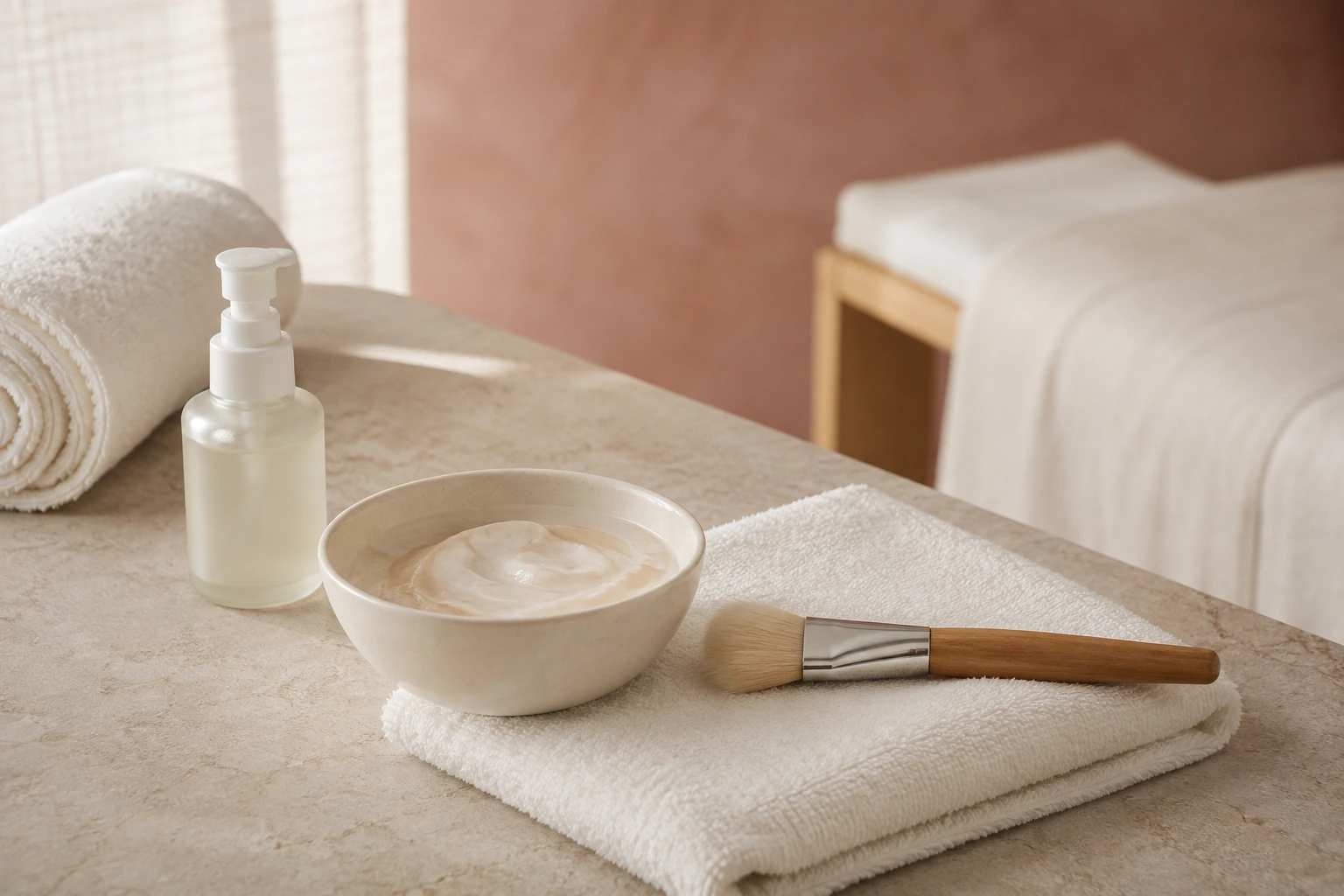 Ceramiczna miseczka z maską, pędzel i miękkie ręczniki na kamiennym blacie w salonie beauty.